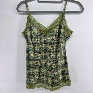 Silk Camisole Tank Top Small Y2k Green Beige Mosaic Sequin Lace V Neck sparkle